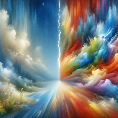 The primary subject of the image is a painting featuring a colorful, swirling, and dynamic scene. The setting is a night sky, with a backdrop of clouds and a vibrant, rainbow-colored background. The visual style is a digital art or illustration, showcasing the artist's creativity and skill in capturing the vivid colors and dynamic elements of the scene. The colors and mood of the painting are lively, energetic, and full of life, reflecting the artist'